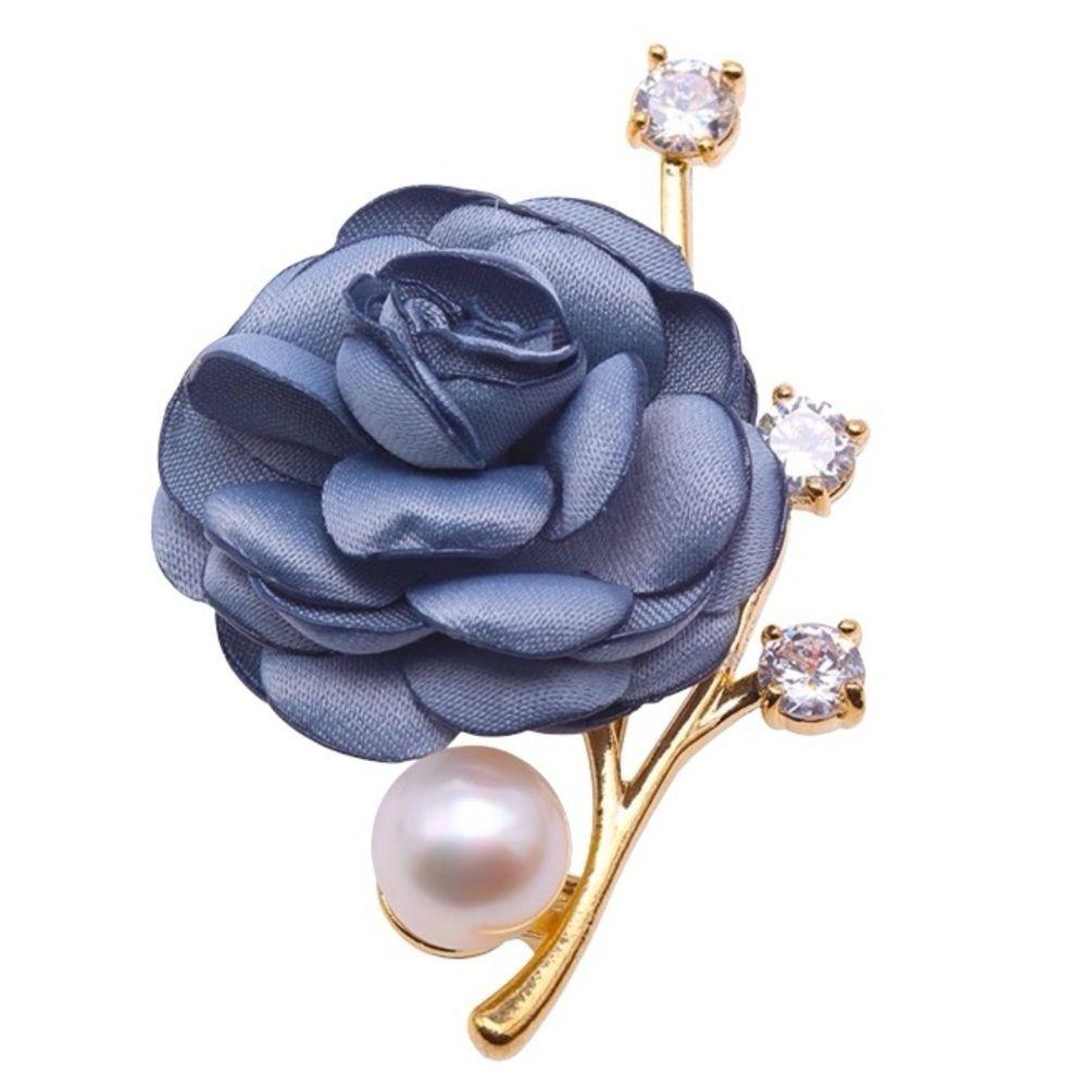 Brooch Blue Rose Silver 11.5mm White Freshwater Pearl Bouquet Broach Pin A1